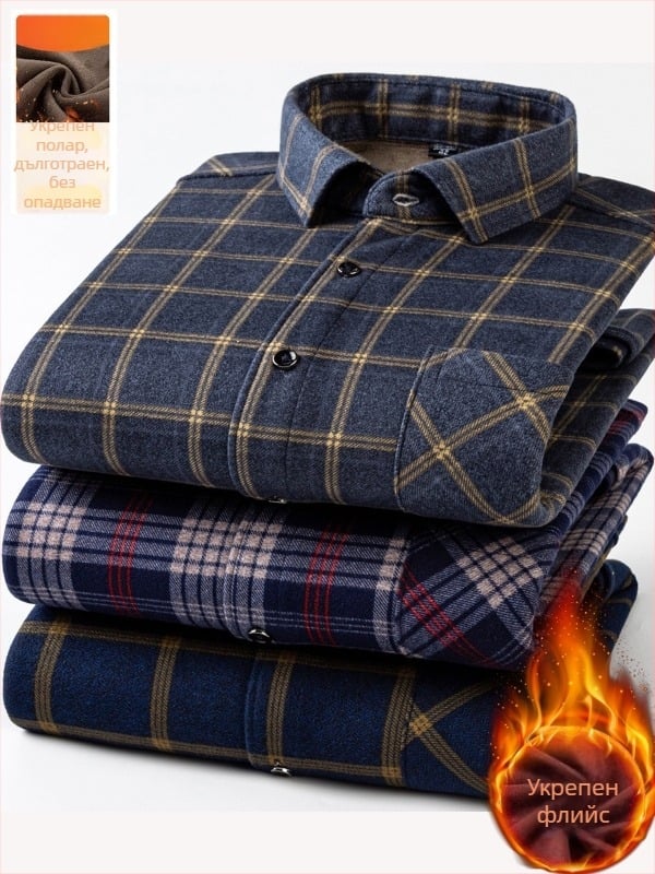 Мъжка риза за зима с дълги ръкави, свободен силует, квадратна яка, клетъчен модел, памучно-блендова тъкан, удебелена и топла