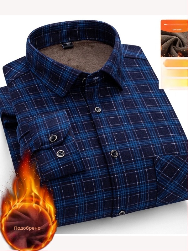 Мъжка риза за зима с дълги ръкави, свободен силует, квадратна яка, клетъчен модел, памучно-блендова тъкан, удебелена и топла