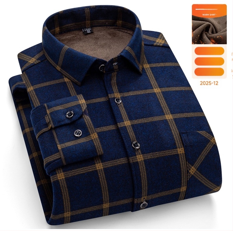 Мъжка риза за зима с дълги ръкави, свободен силует, квадратна яка, клетъчен модел, памучно-блендова тъкан, удебелена и топла