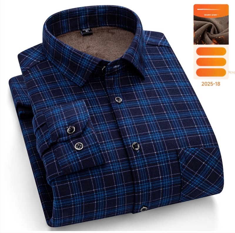 Мъжка риза за зима с дълги ръкави, свободен силует, квадратна яка, клетъчен модел, памучно-блендова тъкан, удебелена и топла