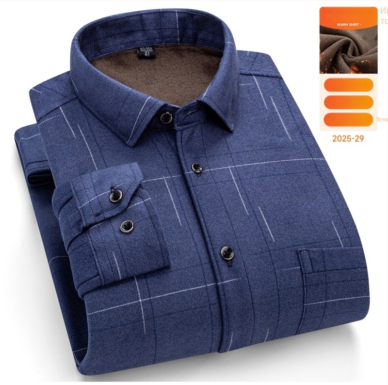 Мъжка риза за зима с дълги ръкави, свободен силует, квадратна яка, клетъчен модел, памучно-блендова тъкан, удебелена и топла