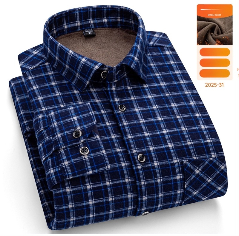 Мъжка риза за зима с дълги ръкави, свободен силует, квадратна яка, клетъчен модел, памучно-блендова тъкан, удебелена и топла