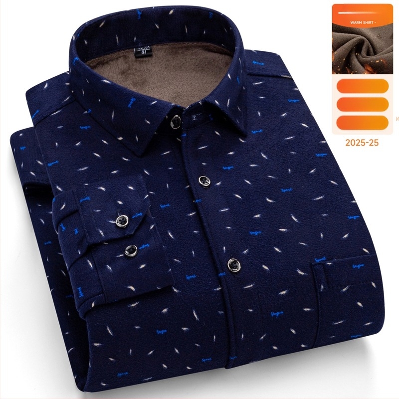 Мъжка риза за зима с дълги ръкави, свободен силует, квадратна яка, клетъчен модел, памучно-блендова тъкан, удебелена и топла