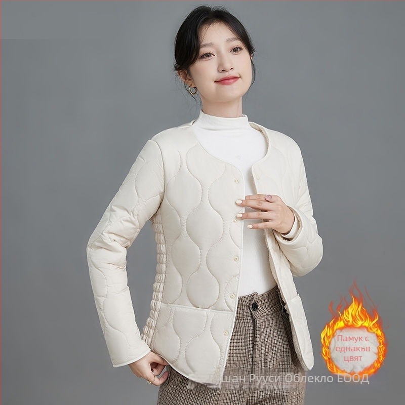 Дамско палто с полиестер-памучно пълнеж, дебело и топло, Slim-Fit, кръгла яка, едноредово закопчаване