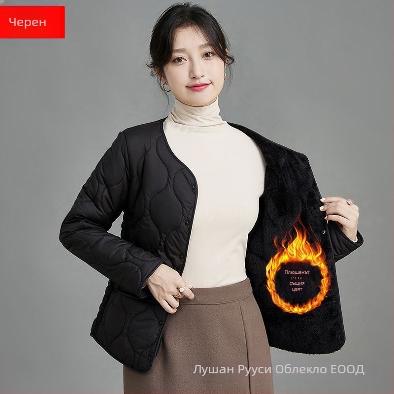 Дамско палто с полиестер-памучно пълнеж, дебело и топло, Slim-Fit, кръгла яка, едноредово закопчаване