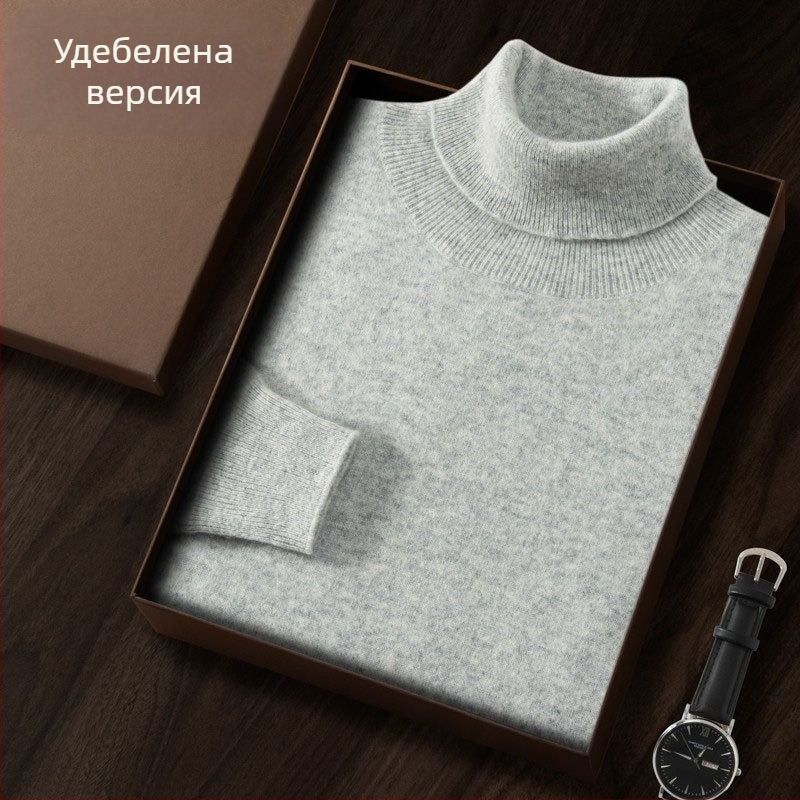 Мъжки кашмирен пуловер със сгъваема висока яка, едноцветен плетен модел