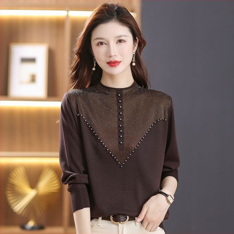 Дамски плетен пуловер от вълнен бленд, кръгло деколте, дълги ръкави, средна дебелина, стил градски живот, Пролет 2023