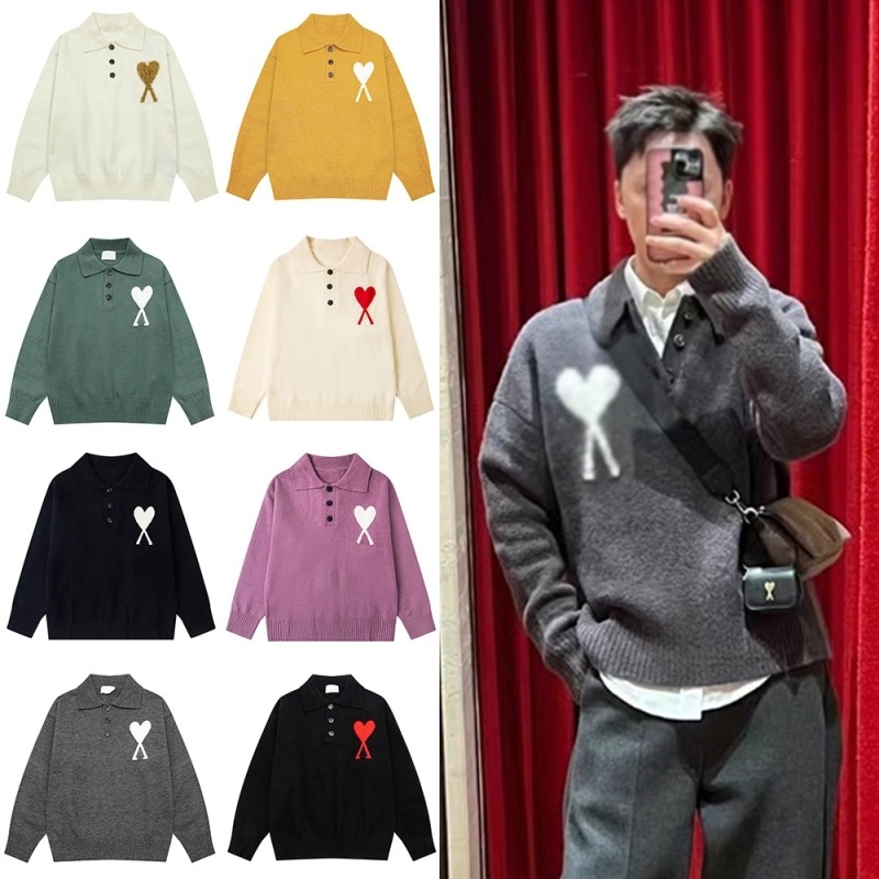 AMI CLAMS пуловер с жакардов мотив сърце и яка поло, свободен крой, памучно-смесена материя, дълги ръкави