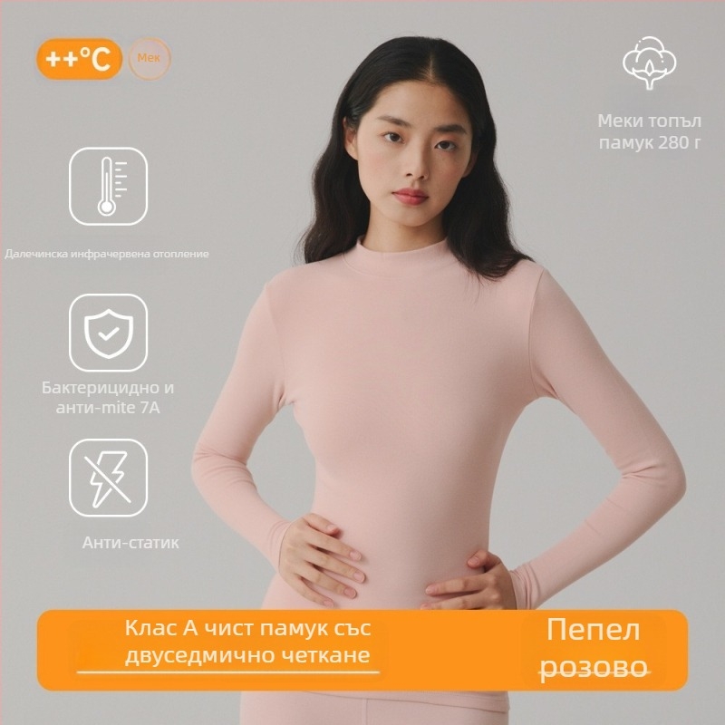 Дамски пуловер от 95% памук, антибактериален, с брусирана текстура и плътна материя, средно висока яка, есенен модел