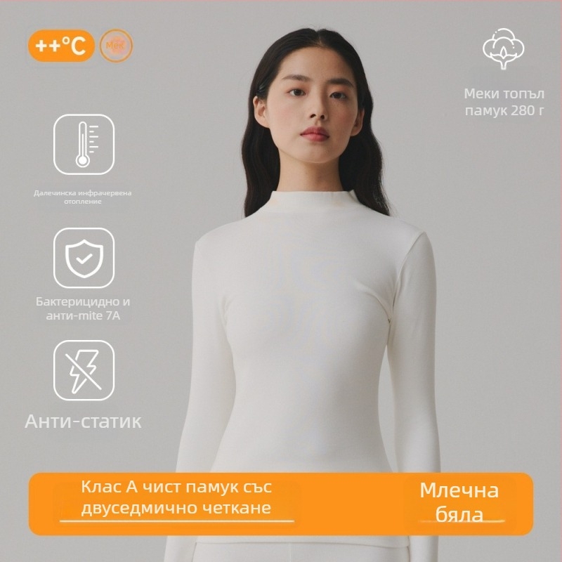 Дамски пуловер от 95% памук, антибактериален, с брусирана текстура и плътна материя, средно висока яка, есенен модел