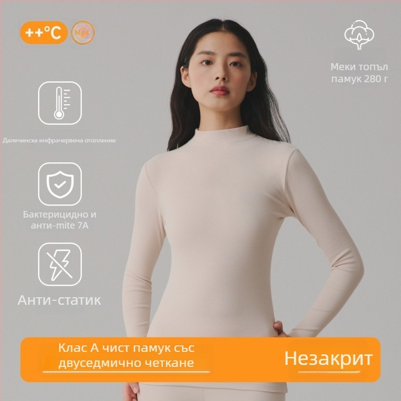 Дамски пуловер от 95% памук, антибактериален, с брусирана текстура и плътна материя, средно висока яка, есенен модел