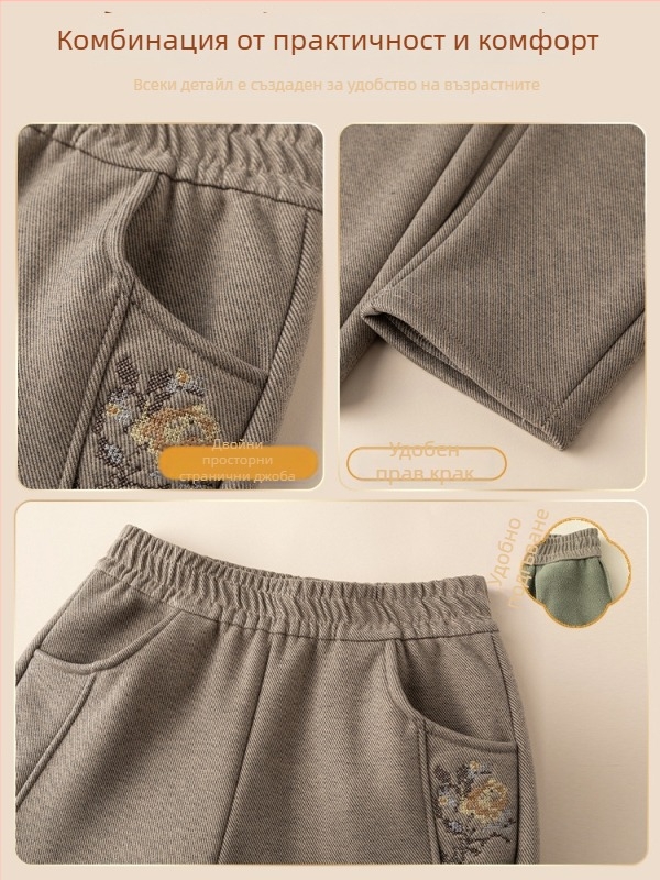 Дамски панталони с подплата от флис, висока талия, права кройка, зимни, дебела материя, ежедневен стил за дамите на средна възраст и по-възрастните