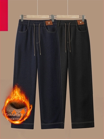 Дънки с подплата от флис, еластична талия, прав силует, зимно издание 2025, полиестер >95%