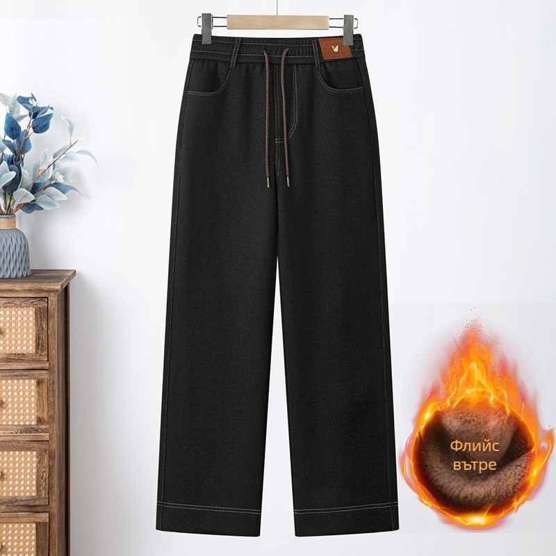 Дънки с подплата от флис, еластична талия, прав силует, зимно издание 2025, полиестер >95%