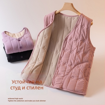 Дамска жилетка с флисово подплата, quilted дизайн, есенно-зимна 2025, стил елегантно пътуване, шарка кучешки зъби, плат вискоза-полиестер (90–95% полиестер), средна дължина