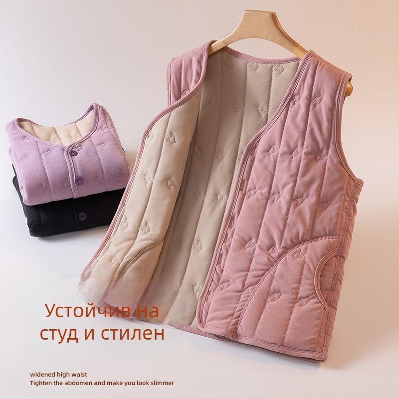 Дамска жилетка с флисово подплата, quilted дизайн, есенно-зимна 2025, стил елегантно пътуване, шарка кучешки зъби, плат вискоза-полиестер (90–95% полиестер), средна дължина