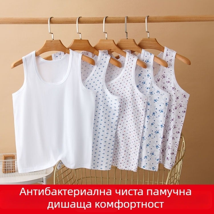 Дамски потник от 100% памук с широки презрамки, кръгло деколте, тънък плат 121–140 g/m2, подходящ за всеки сезон.