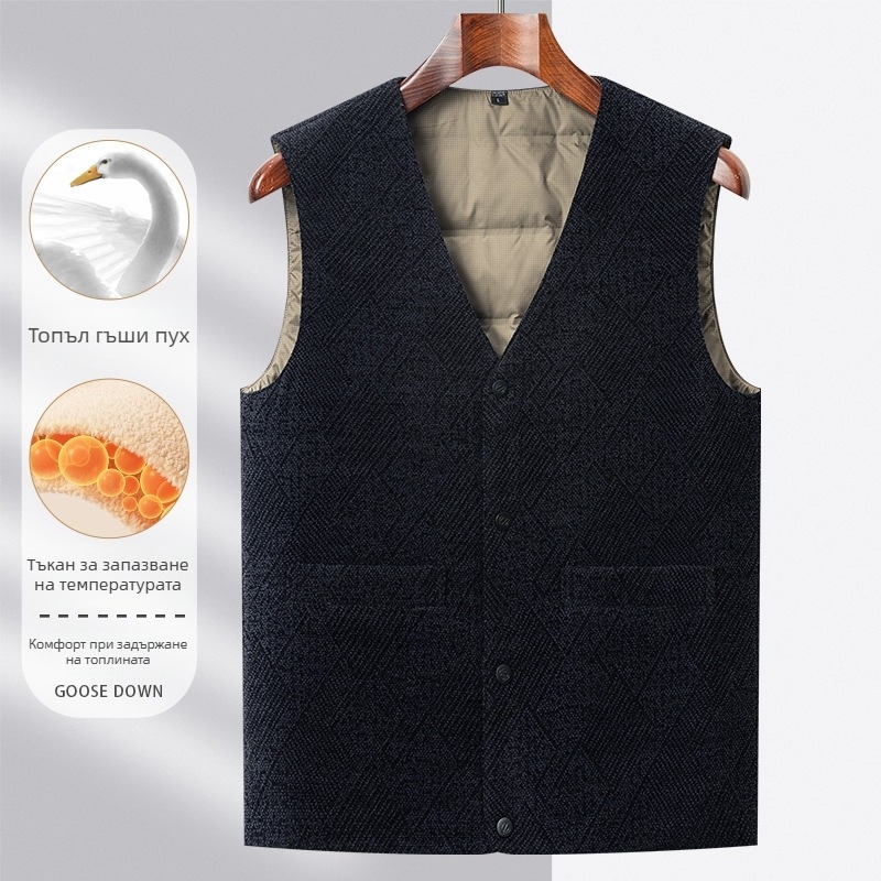 Мъжки зимен пухен жилет, запълнен с гъши пух 91-95%, плътна изолация, V-образна яка, преден цип и джобове отпред