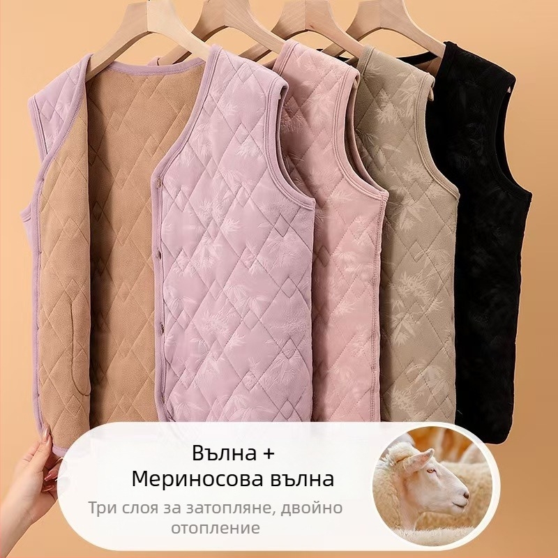 Зимна женска жилетка в китайски стил със немски флис, полиестер 80–90%, литературно-ретро стил.