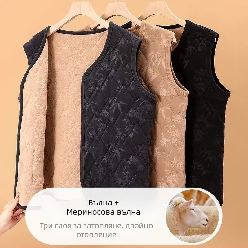 Зимна женска жилетка в китайски стил със немски флис, полиестер 80–90%, литературно-ретро стил.