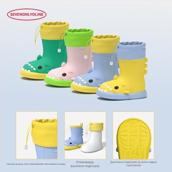 Детски дъждовни ботуши с акула – карикатурен стил, PVC горна част, нисък вал, за деца от 6 месеца до 4–6 години