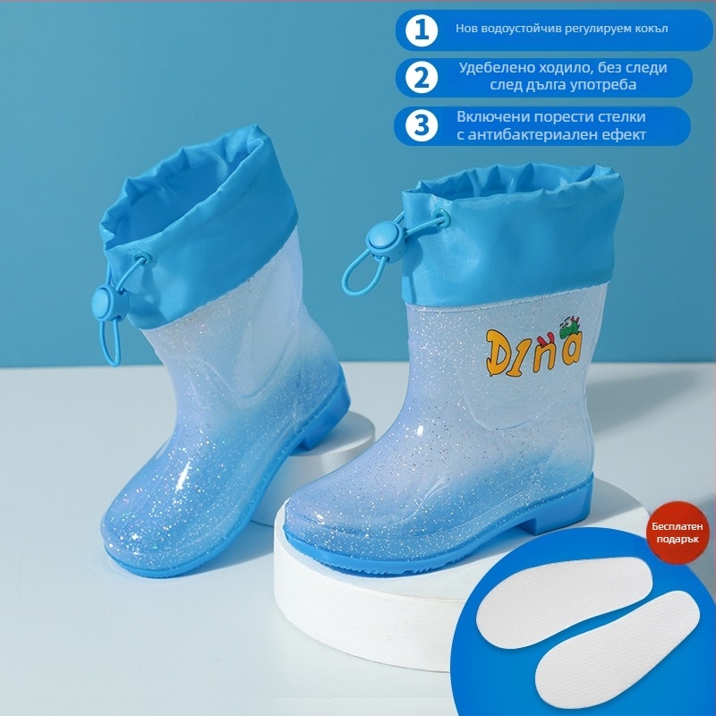 Детски дъждовни ботуши, PVC горна част, нисък ток 1-3 см, дизайн със азбучен динозавър