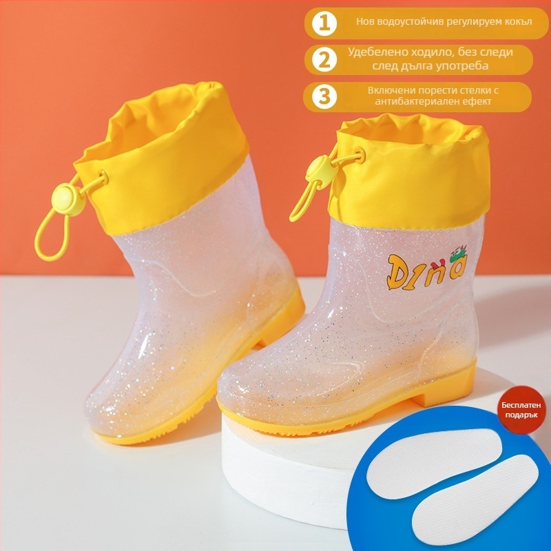 Детски дъждовни ботуши, PVC горна част, нисък ток 1-3 см, дизайн със азбучен динозавър