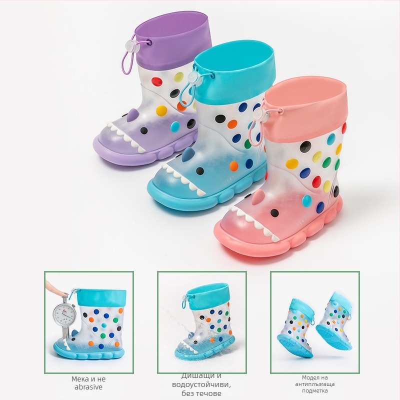 Детски дъждовни ботуши с карикатурна акула – PVC горна част, средна височина, водоустойчиви