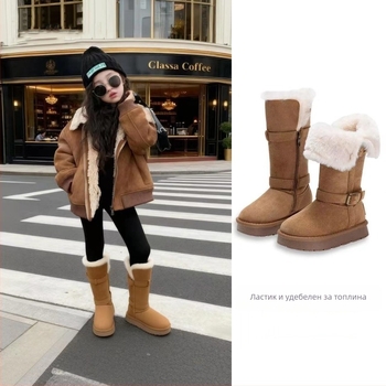 Детски снежни ботуши за момичета, ботуши до глезена, ретро стил (външен материал: кожено-замш; подметка: TPR; възраст 4–12 г; зима 2025)