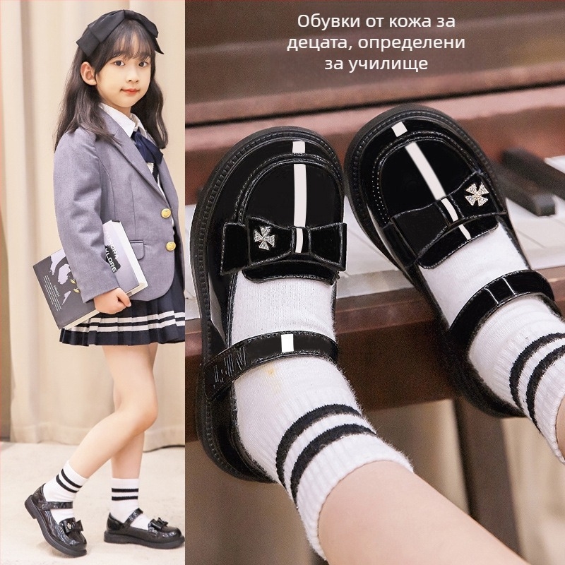 Лофери за момичета в британски стил, горна част от синтетична кожа, закопчаване с велкро, подметка гума