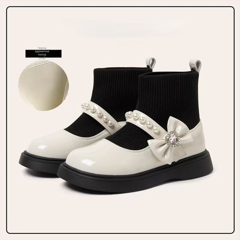 Детски ботуши за момичета от раздвоена кожа с панделка, принцес стил, PU подплата и стелка, гумена подметка, възраст 4–12 г, есен 2025