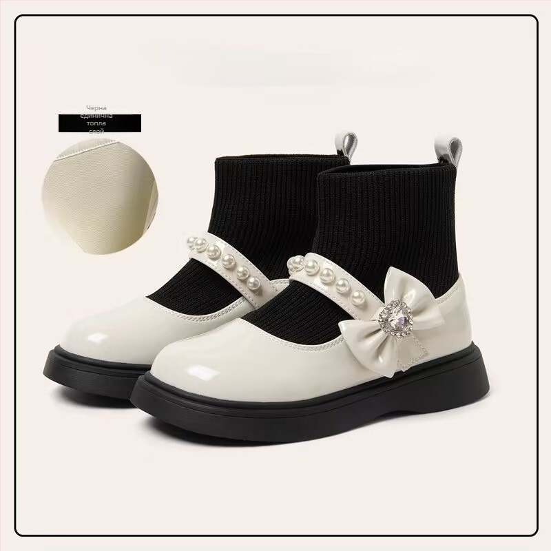 Детски ботуши за момичета от раздвоена кожа с панделка, принцес стил, PU подплата и стелка, гумена подметка, възраст 4–12 г, есен 2025