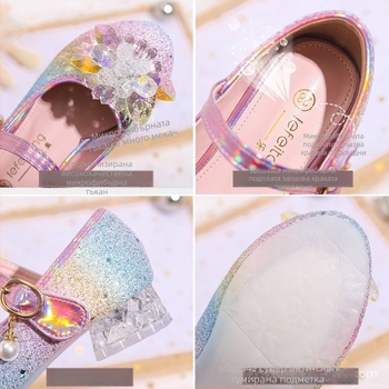 Детски принцеси обувки с пайетена горна част, закопчаване с велкро, PU стелка, за деца 4–12 години