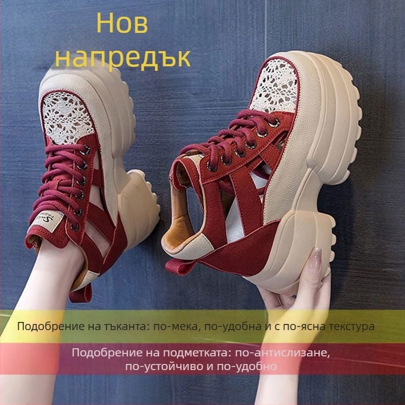 Дамски платформи сандали със скрит ток, затворен нос, предна връзка, PU горна част, гумена подметка