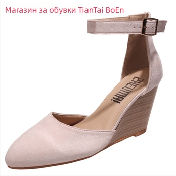 Дамски сандали с клин, PU горна част, остър нос, височина на клина 6–8 см, закопчаване с катарама