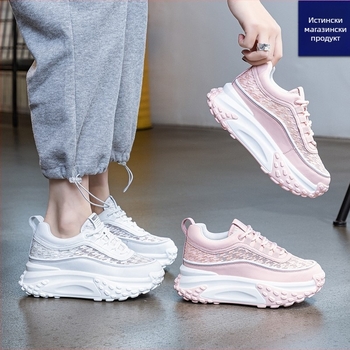 Женски спортни обувки с дебела подметка, предно връзване, PU+мрежеста горна част, кръгъл нос, инжекционно оформена подметка, височина на подметката 3–5 см