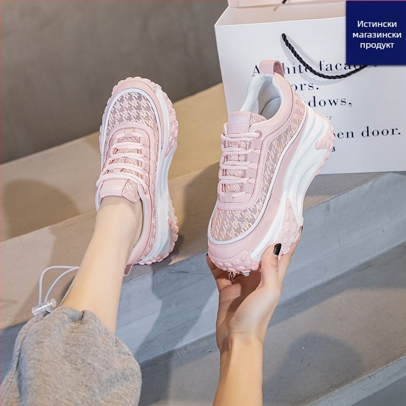 Женски спортни обувки с дебела подметка, предно връзване, PU+мрежеста горна част, кръгъл нос, инжекционно оформена подметка, височина на подметката 3–5 см