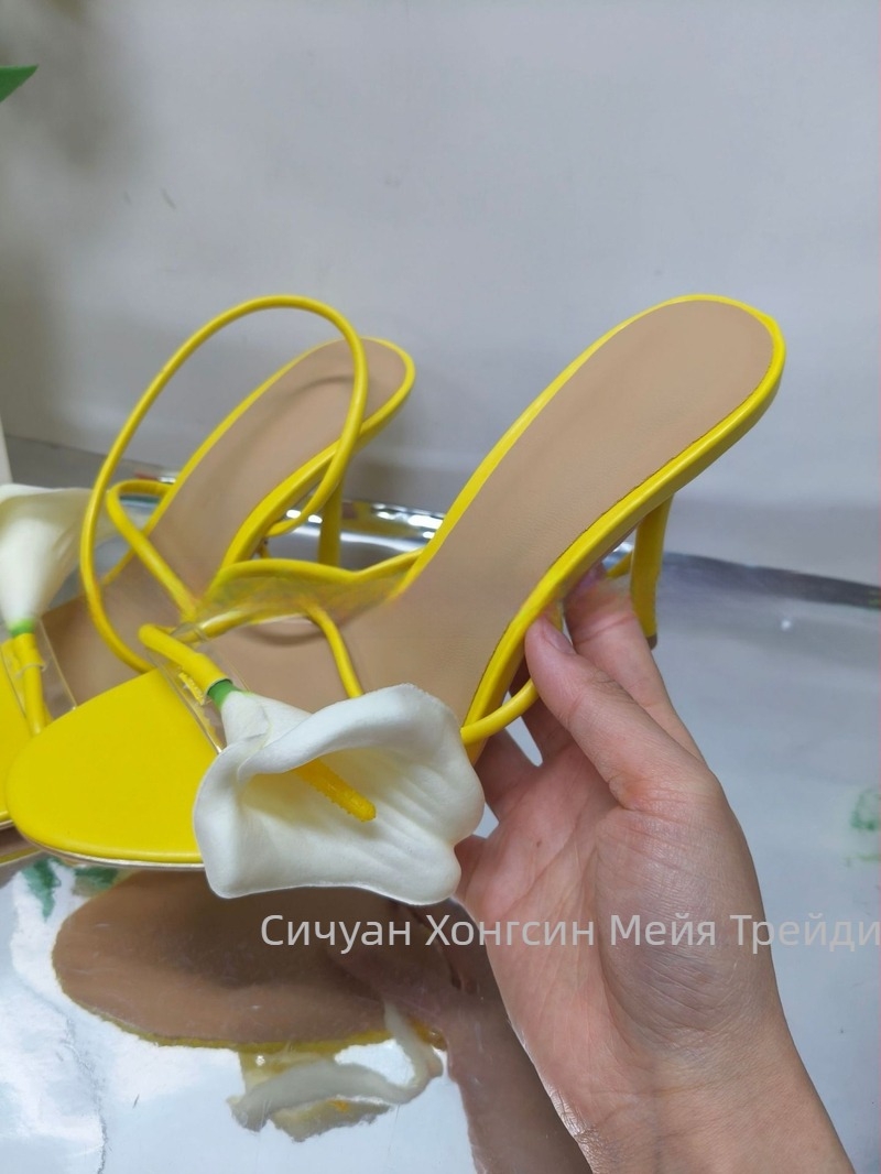 Сандали с една презрамка, открит пръст, PU горна част, гумена подметка, тънък висок ток 6–8 cm