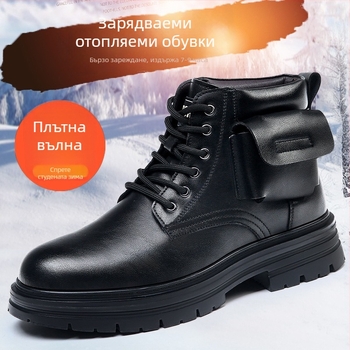 Мъжки кожени снегоботи – двуслойна кожена горна част, вълнена подплата, противохлъзгаща гумена подметка, 3–5 cm височина на тока, ежедневен стил