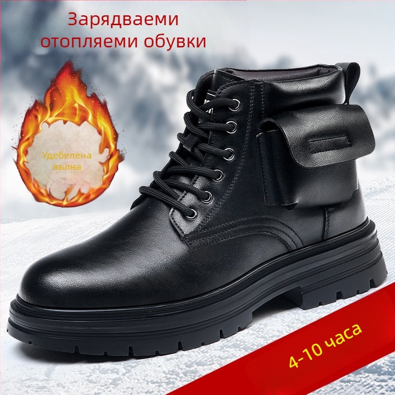 Мъжки кожени снегоботи – двуслойна кожена горна част, вълнена подплата, противохлъзгаща гумена подметка, 3–5 cm височина на тока, ежедневен стил
