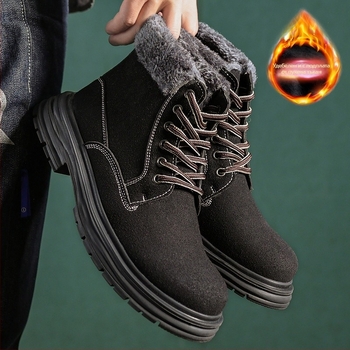 Мъжки зимни ботуши за сняг с подплата от изкуствен плюш, PU горна част, противохлъзгаща подметка, средна височина на тока 3–5 см