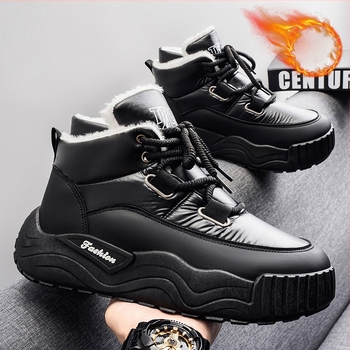 Мъжки снежни ботуши с кожа и водоустойчива горна част; антиплъзгаща гумена подметка; вътрешност с плюш; нисък ток 1–3 cm