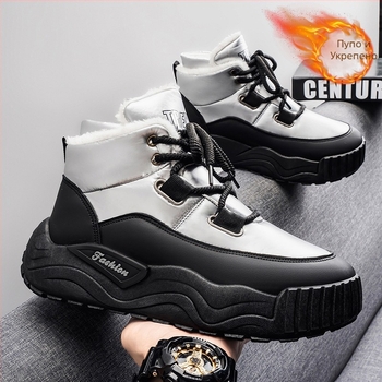 Мъжки снежни ботуши с кожа и водоустойчива горна част; антиплъзгаща гумена подметка; вътрешност с плюш; нисък ток 1–3 cm