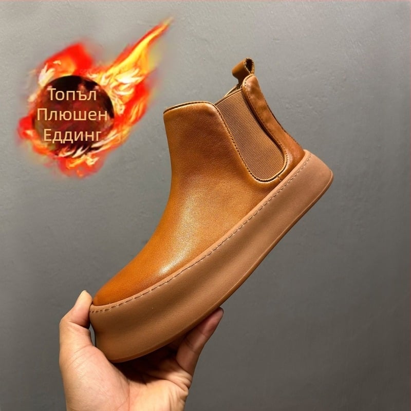 Мъжки Челси обувки от естествена кожа, кръгъл нос, гумирана подметка, 3-5 cm височина на тока, зима 2025