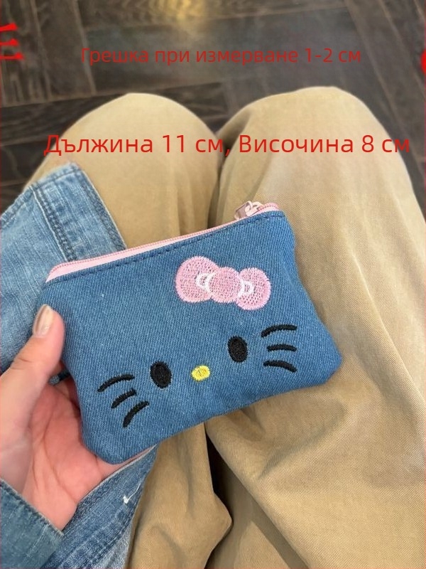 Монетник от деним с аниме мотиви — женски мини портфейл за монети и карти, ултралек и компактен