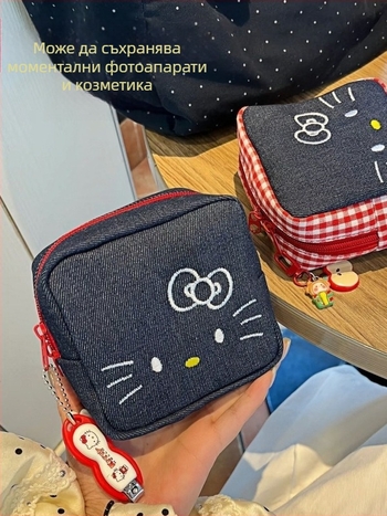 Dot емброидирана котешка козметична чантичка, малка квадратна платнена чантичка, стил аниме, лека и удобна за съхранение