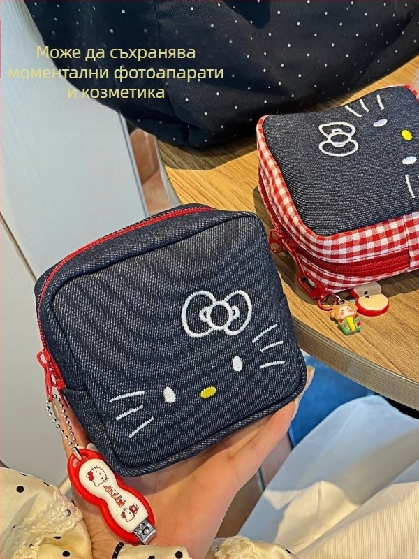 Dot емброидирана котешка козметична чантичка, малка квадратна платнена чантичка, стил аниме, лека и удобна за съхранение