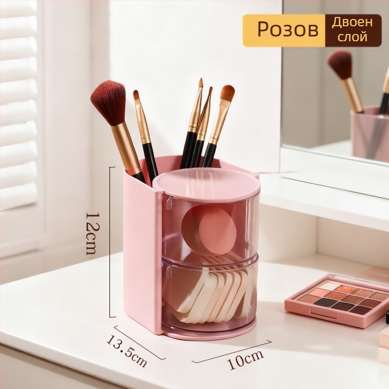 Кутия за козметични инструменти с въртящ се прахозащитен капак, многоуровнев органайзер за пудри и гъби, пластмасова конструкция, стил светъл лукс