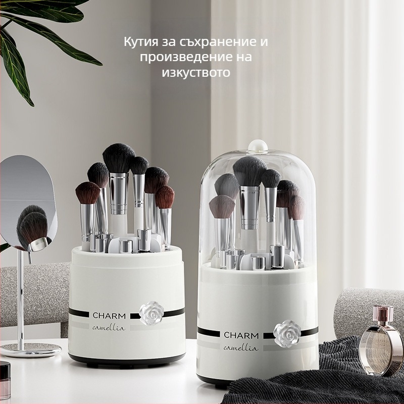 Кутия за съхранение на козметика за четки и червила с въртящ се прахоустойчив цилиндър – пластмасова, отпечатано лого, персонализация, пускане май 2024, ретро стил