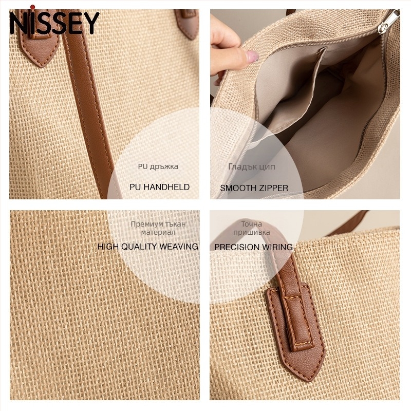 Памучно-ленена японска Tote чанта, малък квадрат, вертикална форма, открит връх, джоб за телефон, междинен слой, без подплата